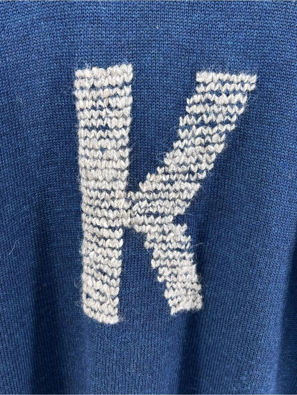 Vintage Guernsey Woollens Navy Blue Wool Fisherman Sweater Monogram K Sz L Prep